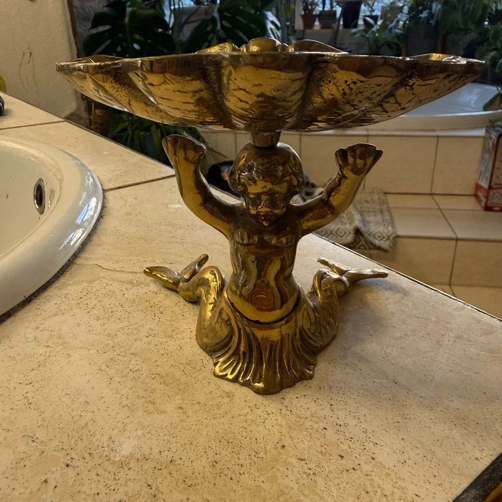 Vintage 60’s Sherle Wagner Brass Bronze Scalloped Cherub Mermaid TwoTail soaDish